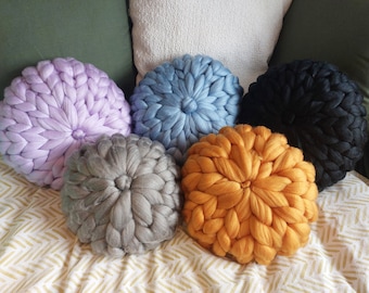 Chunky Knit Cushion, Various Colours, Ready to Ship,  Giant Knit Round Pillow, 100% Vegan