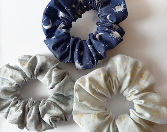 Cotton Celestial Pattern Scrunchies, Chunky Scrunchies, Hand Made to order, Hair bands, Hair Ties