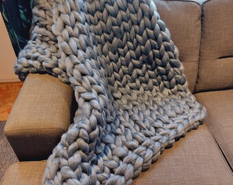Denim Blue Chunky Knit Acrylic Blanket, Ready to Ship Hand Made Giant Knit Throw, 100% Vegan