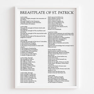 Op de afbeelding: Zwart-witte printbare wandkunst met een gedicht met de titel "Brustplaat van Sint Patrick". Het gedicht is een gebed voor bescherming en begeleiding.