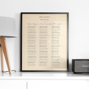 May include: Framed print of Inferno, Canto Prims, from Dante Alighieri's Divine Comedy. The text is in Italian, with a vintage paper background and a black frame. The print is displayed on a white surface.