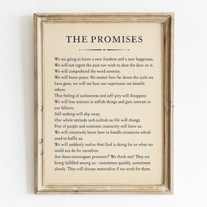 May include: A framed print with a beige background and black text. The text reads "The Promises" and includes a list of positive affirmations.