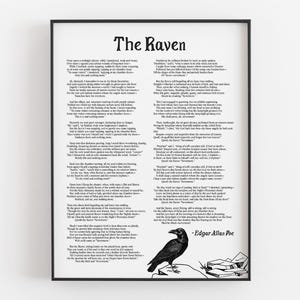 May include: A framed print of Edgar Allan Poe's poem "The Raven." The black frame surrounds a white background filled with the poem's text in a classic font. A black raven illustration is at the bottom, with the author's name.