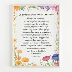 Children Learn What They Live Poem By Dorothy Law Nolte Printable, Nursery Print, Digital Download, Poetry Wall Art, Baby Decor, Parent Gift