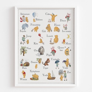 Puede incluir: Una impresión enmarcada que presenta un alfabeto con ilustraciones de los personajes de Winnie the Pooh. Cada letra tiene una palabra e imagen correspondiente, como "Aventura" con Pooh y Piglet, y "Zoo" con Christopher Robin y Pooh.