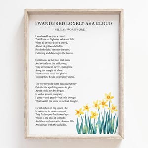 I Wandered Lonely as a Cloud-gedicht - William Wordsworth afdrukbaar, decor literaire poëzie, digitale download, kunst aan de muur bloem, cadeau beste vriend
