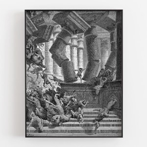 Może przedstawiać: Czarno-biały oprawiony wydruk przedstawiający dramatyczną scenę upadających postaci ze struktury. Grafika charakteryzuje się szczegółowym stylem grawerskim, z naciskiem na elementy architektoniczne i wyrazy twarzy postaci. Ilustracja historyczna.