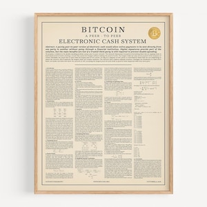 May include: A vintage-style poster with a beige background and a brown wooden frame. The poster is titled "Bitcoin: A Peer-to-Peer Electronic Cash System". The poster contains text and diagrams explaining the concept of Bitcoin.