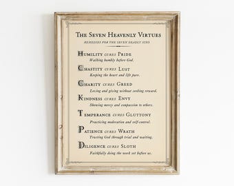 The Seven Heavenly Virtues Printable, Digital Download, Inspiration Wall Art, Remedies & Vice Spiritual Christian Faith Decor, Catholic Gift