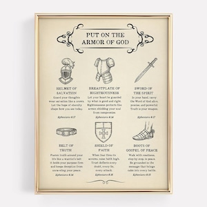 Può includere: Stampa incorniciata con il testo "PUT ON THE ARMOR OF GOD" e illustrazioni di un elmo, corazza, spada, cintura, scudo e sandali. La stampa è in una cornice dorata.