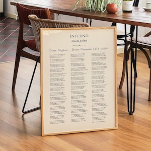 May include: A framed print of Dante Alighieri's Inferno, Canto Primo, in Italian. The text is displayed on a cream-colored background with a light brown wooden frame. The print is leaning against a wooden floor.