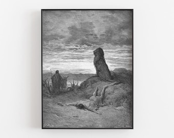 The Disobedient Prophet is Slain by a Lion Gustave Doré Printable, Digital Download, Paradise Lost Wall Art, Dark Academia Decor Gothic Gift