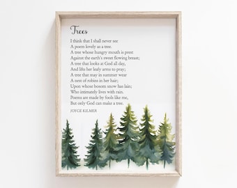 Trees Poem By Joyce Kilmer Printable, Nature Forest Wall Art, Digital Download, Poetry Lovely as a Tree Inspiration Decor, Gardener Gift