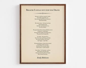 Omdat ik niet kon stoppen voor Death Gedicht - Emily Dickinson Afdrukbaar, digitale download, literaire muurkunst, decor gotische poëzie, klassiek cadeau