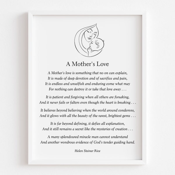 A Mother's Love Poem By Helen Steiner Rice Printable, Motherhood Print, Digital Download, Poetry Wall Art, Typography Decor, New Mom Gift