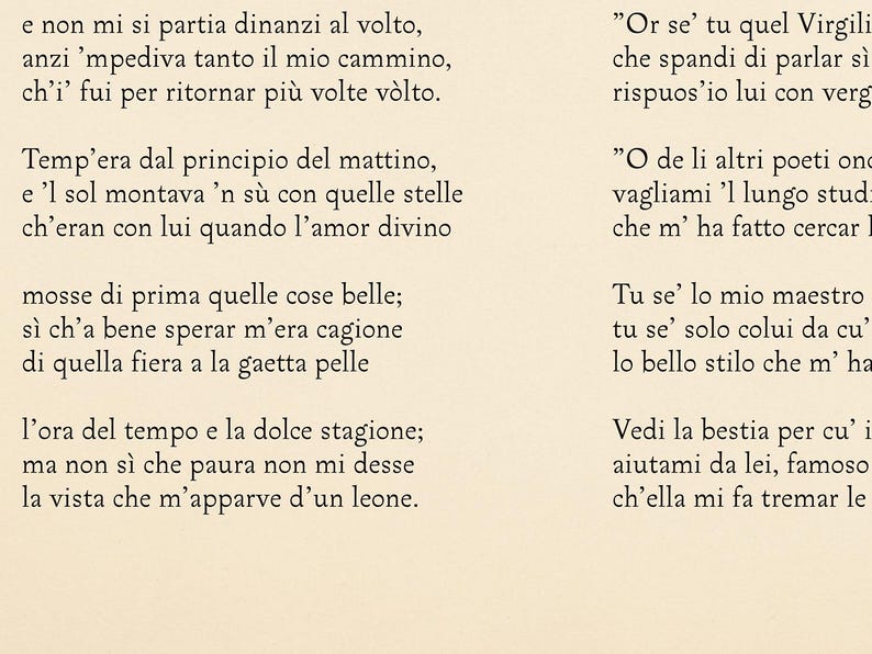 May include: A page from a book featuring Italian text in a serif font. The text is arranged in columns, with lines of varying lengths. The paper has a cream color.