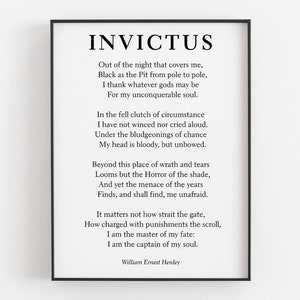 Invictus By William Ernest Henley Printable, Typography Literature Print, Digital Download, Poetry Wall Art, Library Decor, Graduation Gift