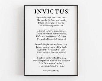 Invictus By William Ernest Henley Printable, Typography Literature Print, Digital Download, Poetry Wall Art, Library Decor, Graduation Gift