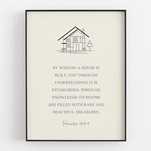 Op de afbeelding: Ingelijste print met een zwarte rand met een huisillustratie en tekst uit Spreuken 24:3-4. De tekst luidt: "Door wijsheid wordt een huis gebouwd..." De achtergrond is lichtbeige.