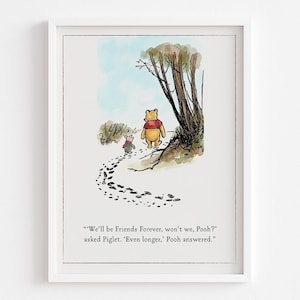 Cita imprimible de Winnie the Pooh "Seremos amigos para siempre" de A.A. Milne, arte mural de Piglet Pooh, descarga digital, decoración infantil, regalo para baby shower
