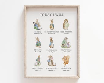 Today I Will The Tale of Peter Rabbit Bible Verse Printable, Classic Scripture Wall Art, Digital Download, Nursery Home Decor Christian Gift