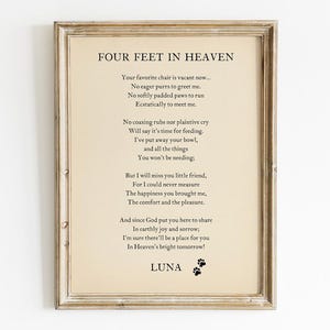Memorial personalizado para gatos: poema imprimible "A cuatro pies en el cielo", decoración para amantes de los gatos, arte mural personalizado para condolencias, regalo de recuerdo para el duelo.