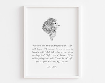 May include: Framed art print featuring a detailed black and white illustration of a lion's head. The print includes a quote from C.S. Lewis's work, set against a white background within a white frame. A literary-themed wall decor.