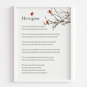 Homenaje conmemorativo "He Is Gone" imprimible, descarga digital, decoración para funerales, arte mural de recuerdo "In Loving Memory", obsequio de condolencias