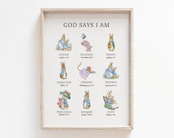The Tale of Peter Rabbit Bible Verse Affirmation Printable, Nursery Woodland Wall Art, Digital Download Classic Kid Decor, Christian Gift