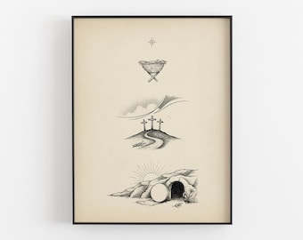 Jesus 3 Stages Birth, Crucifixion and Resurrection Printable, Easter Wall Art, Digital Download Salvation Decor, Home Faith Christian Gift