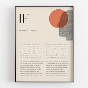 May include: Framed art print featuring the poem "IF" by Rudyard Kipling. The print has a cream-colored background with black text and a graphic of a red circle and a silhouette of a person's head. The artwork is in a black frame.
