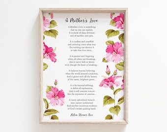 A Mother's Love Poem Printable, Digital Download, Motherhood Poetry Wall Art, Typography Flower Decor, New Mom Gratitude Thank You Gift