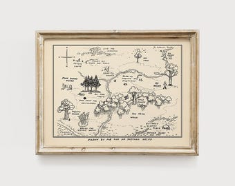 Winnie The Pooh Vintage 100 Aker Wood Hand-drawn Map Printable, Digital Download, Nursery Fantasy Book, Baby Shower Home Decor Children Gift