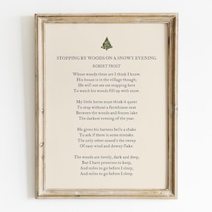 Zatrzymując się w lesie w śnieżny wieczór Wiersz Roberta Frosta do wydrukowania, sztuka ścienna zimowa, pobieranie cyfrowe, wystrój poezji, prezent literacki