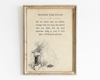 Braver Stronger Smarter Quote - Winnie The Pooh Printable, Digital Download, Vintage Book Wall Art,  Children Nursery Decor, Christmas Gift
