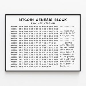 Puede incluir: Una imagen en blanco y negro del Bloque Génesis de Bitcoin, un registro digital de la primera transacción de Bitcoin. La imagen muestra el código hexadecimal del bloque, junto con una descripción de texto del contenido del bloque. El texto incluye la fecha de creación del bloque, el 3 de enero de 2009, y una referencia al titular del periódico "The Times 03/Jan/2009 Chancellor on brink of second bailout for banks".