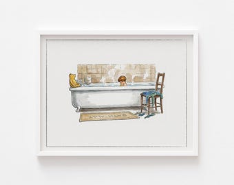 Winnie the Pooh Bath Time Printable, Digital Download, Bathroom Bath Tub Wall Art, Classic Nursery Neutral Kids Home Decor, Baby Shower Gift