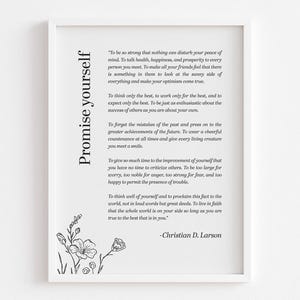 Op de afbeelding: Een ingelijste print met de tekst "Promise yourself" in verticale richting aan de linkerkant. De print bevat een inspirerende quote van Christian D. Larson in zwarte letters op een witte achtergrond. Bloemenillustraties staan in de linker benedenhoek.