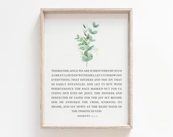 Let us run with Perseverance The Race Hebrews 12:1-2 Bible Verse Printable, Scripture Wall Art, Digital Download, Christian Decor, Son Gift