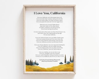 Poema "Te amo California" imprimible, descarga digital, arte mural con la canción clásica del Estado Dorado, decoración con poesía de amapola, regalo para amantes de la naturaleza.
