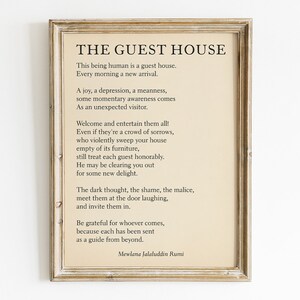 Wiersz „The Guest House” autorstwa Rumiego do wydrukowania, pobieranie cyfrowe, wydruk filozofii literackiej, sztuka ścienna „Life Challenges”, wystrój plaży, prezent dla miłośnika książek