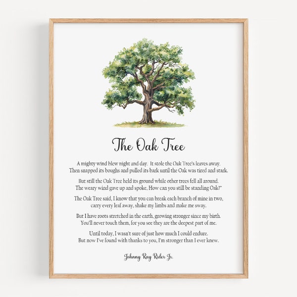 The Oak Tree Poem By Johnny Ray Ryder, Nature Printable, Life Of A Tree Poetry Wall Art, Digital Download, Inspiration Decor, Gardener Gift