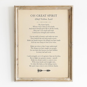 Oh Great Spirit - Native American Prayer Chief Yellow Lark Printable, Digital Download, Poetry Wall Art, Lakota Sioux Decor, Graduation Gift
