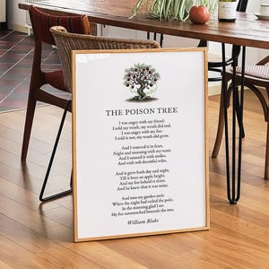 May include: A framed print of William Blake's poem "The Poison Tree" with a tree illustration and red apples. The poem is printed in black on a white background, in a light wood frame. The frame is on a wooden floor.