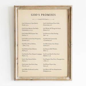 May include: A framed print with the text "GOD'S PROMISES" and a list of biblical verses. The frame is a light, distressed wood color. The paper has a vintage, aged appearance, with the text in a simple, classic font.