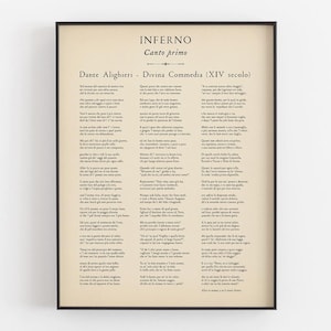 May include: Framed print featuring text from Dante Alighieri's "Inferno," Canto primo, in Italian. The text is displayed on a cream-colored background with a black frame. The print includes the title, author, and the phrase "Divina Commedia (XIV secolo)."
