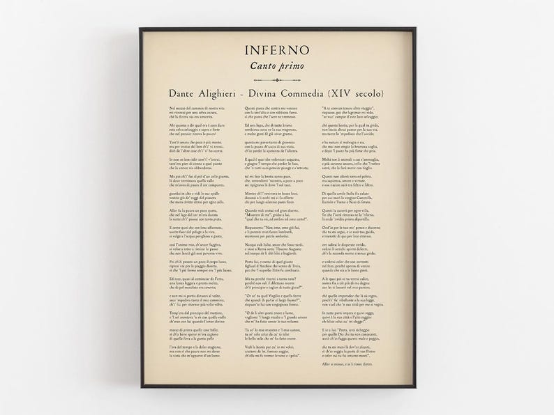 May include: Framed print featuring text from Dante Alighieri's "Inferno," Canto primo, in Italian. The text is displayed on a cream-colored background with a black frame. The print includes the title, author, and the phrase "Divina Commedia (XIV secolo)."