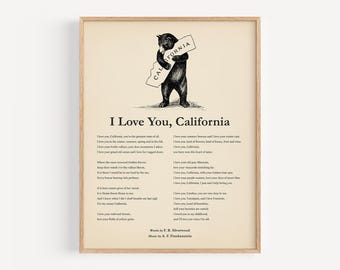 I Love You California State Song Printable, Digital Download, Vintage Lyrics Wall Art, California Anthem Decor, Bear Artwork, Historic Gift