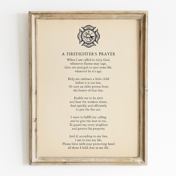 Firefighter's Prayer Printable, Digital Download, Emergency Vehicle, Fireman Memorial Wall Art, Fire Department Decor, Dad Retirement Gift