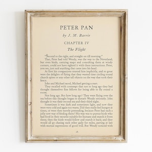 May include: Framed vintage print of a page from "Peter Pan" by J.M. Barrie. The text is from Chapter IV, "The Flight." The frame is a light, distressed wood with a cream-coloured matting, creating a classic, antique aesthetic.